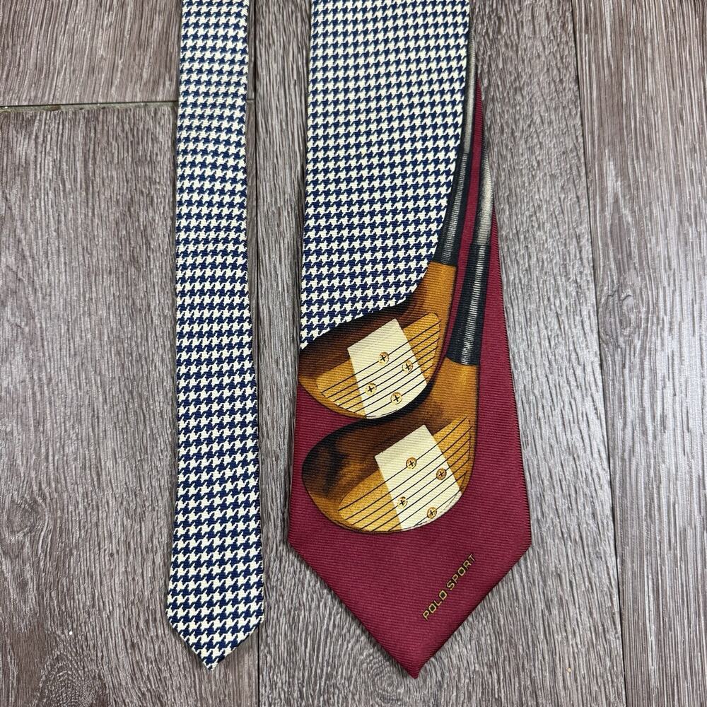 Vintage Polo Sport Ralph Lauren Golf Clubs Houndstooth 100% Silk Necktie